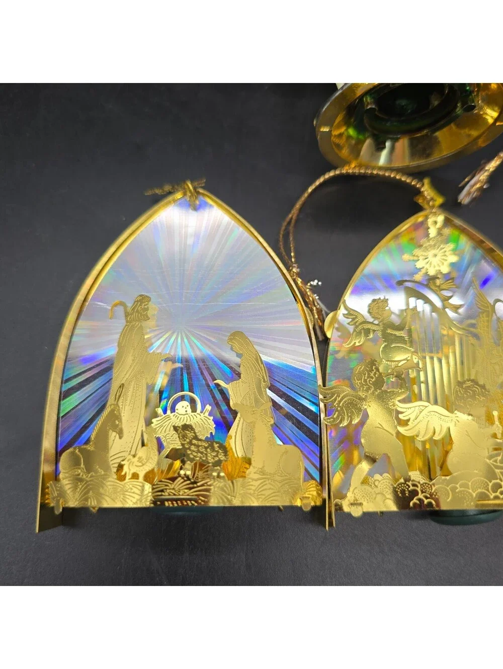 Vintage Christmas Ornament 3D Brass Holographic Nativity Triptych MCM Lantern